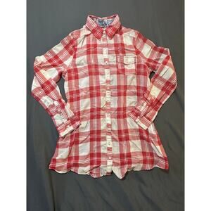 Hollister Women’s Plaid Button Down Tunic Shirt Red White Long Sleeve Size L